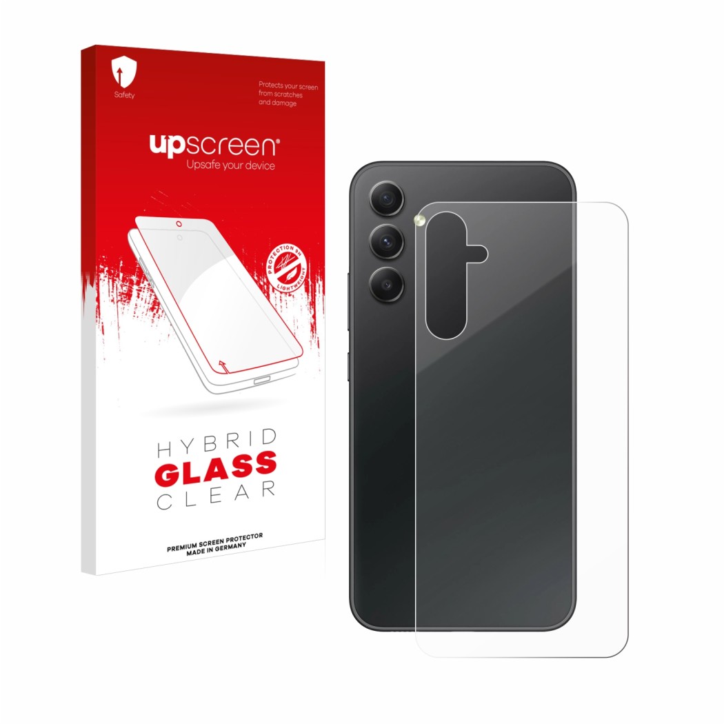 Front side of a product packaging with the brand logo upscreen. Next to it is the device Samsung Galaxy A34 5G (Back) shown wi