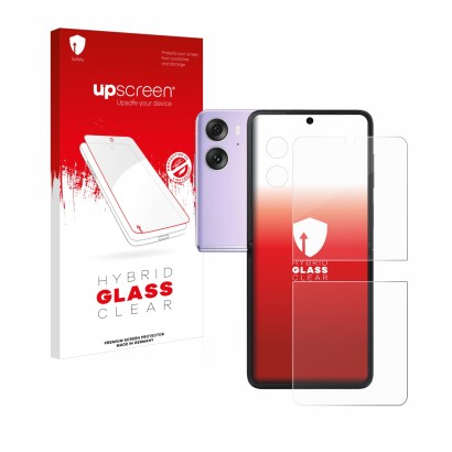 Front side of a product packaging with the brand logo upscreen. Next to it is the device Oppo Find N2 Flip (Front+Camera) show