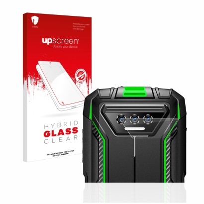 Parte frontal de un envase de producto con el logotipo de la marca upscreen. Al lado se muestra el dispositivo Doogee S41 Pro 
