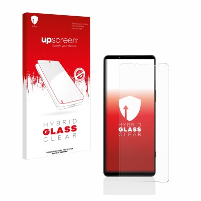 Front side of a product packaging with the brand logo upscreen. Next to it is the device Sony Xperia 1 V shown with the corres