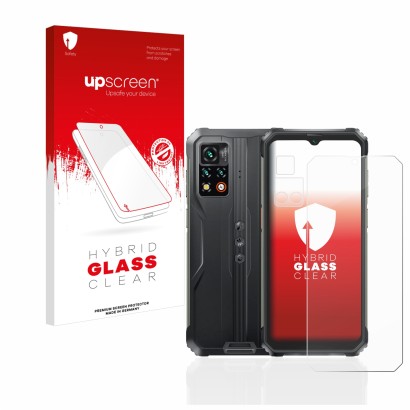 Face avant d’un emballage produit avec le logo de la marque upscreen. À côté, l’appareil Blackview BV9200 (Avant+Caméra) est r