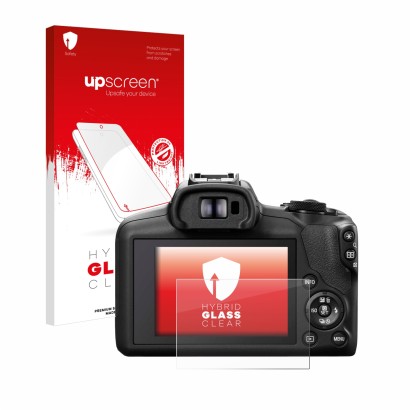 Front side of a product packaging with the brand logo upscreen. Next to it is the device Canon EOS R100 shown with the corresp