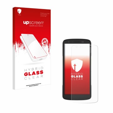 Vorderseite einer Produktverpackung mit dem Markenlogo upscreen. Daneben ist das Gerät Zebra TC22 mit dem zugehörigen Displays