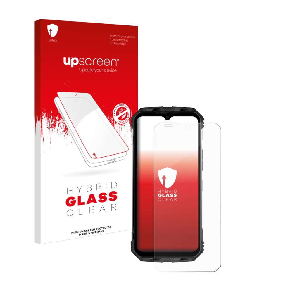 Face avant d’un emballage produit avec le logo de la marque upscreen. À côté, l’appareil Doogee S110 est représenté avec la pr