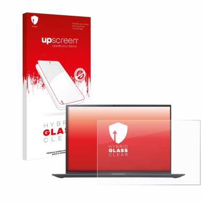 Vorderseite einer Produktverpackung mit dem Markenlogo upscreen. Daneben ist das Gerät LG gram 16'' 2023 mit dem zugehörigen D