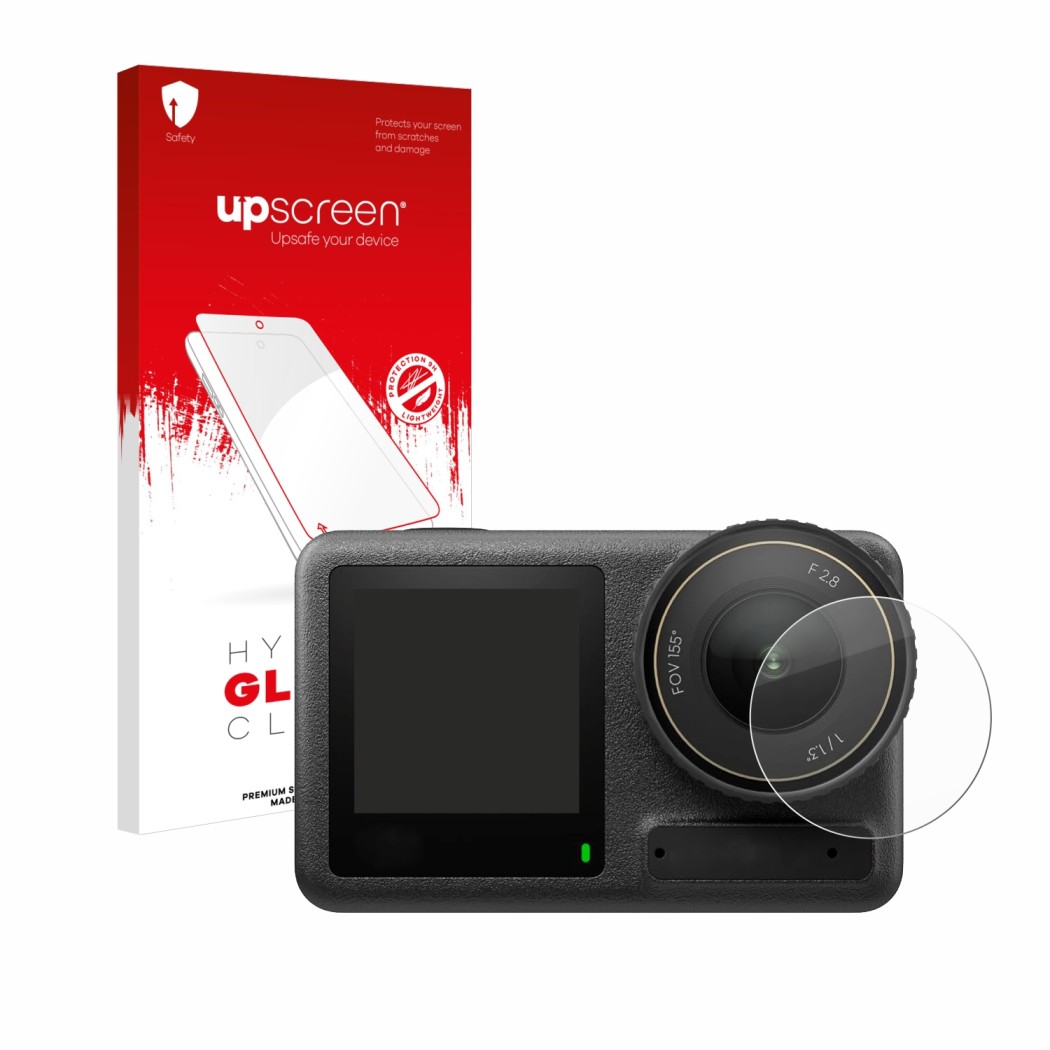 Face avant d’un emballage produit avec le logo de la marque upscreen. À côté, l’appareil DJI Osmo Action 4 (Lentille) est repr