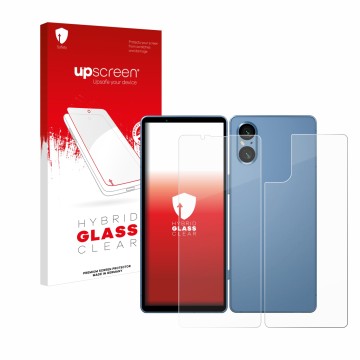 Parte frontale di una confezione del prodotto con il logo del marchio upscreen. Accanto è raffigurato il dispositivo Sony Xper