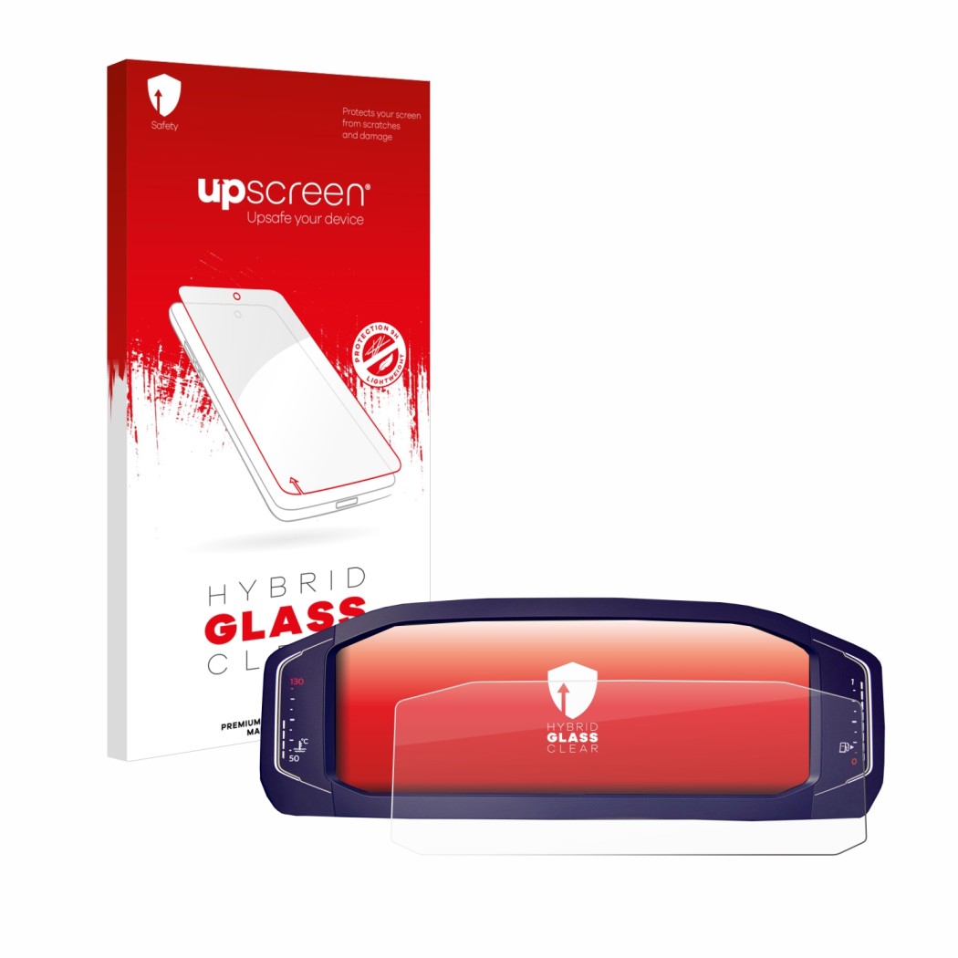 Parte frontal de un envase de producto con el logotipo de la marca upscreen. Al lado se muestra el dispositivo Volkswagen Pass