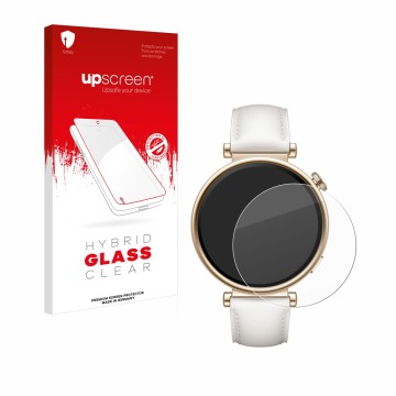 Vorderseite einer Produktverpackung mit dem Markenlogo upscreen. Daneben ist das Gerät Huawei Watch GT 4 (41mm) mit dem zugehö