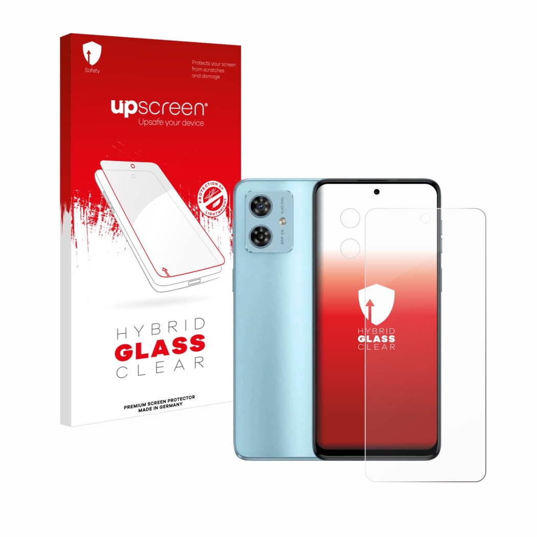 Parte frontal de un envase de producto con el logotipo de la marca upscreen. Al lado se muestra el dispositivo Motorola Moto G