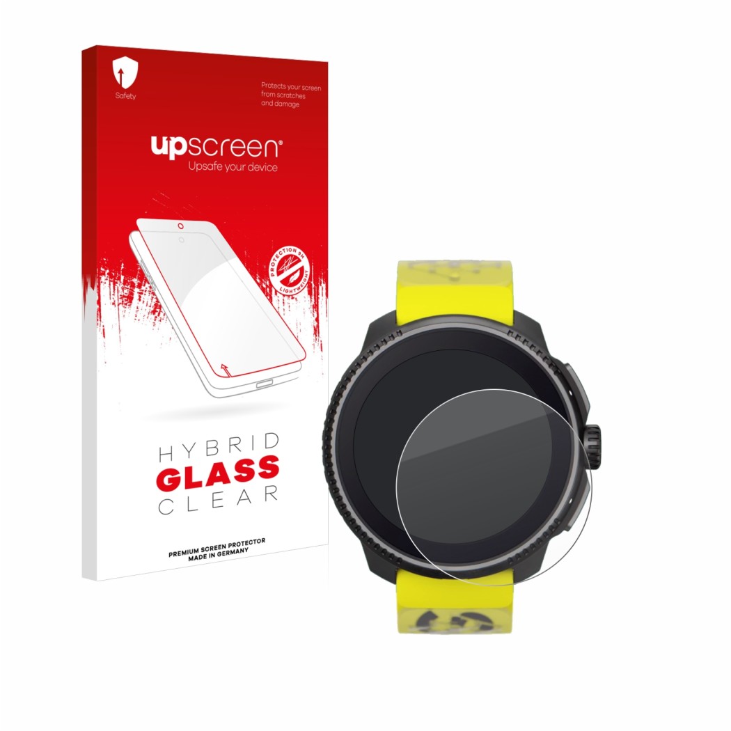 Face avant d’un emballage produit avec le logo de la marque upscreen. À côté, l’appareil Suunto Race est représenté avec la pr