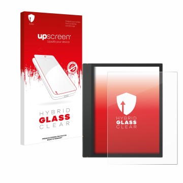 Parte frontale di una confezione del prodotto con il logo del marchio upscreen. Accanto è raffigurato il dispositivo Boox Note