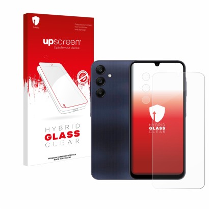 Vorderseite einer Produktverpackung mit dem Markenlogo upscreen. Daneben ist das Gerät Samsung Galaxy A25 5G (Display+Kamera) 