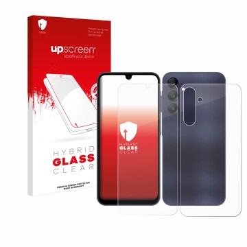 Vorderseite einer Produktverpackung mit dem Markenlogo upscreen. Daneben ist das Gerät Samsung Galaxy A25 5G (Display+Rückseit