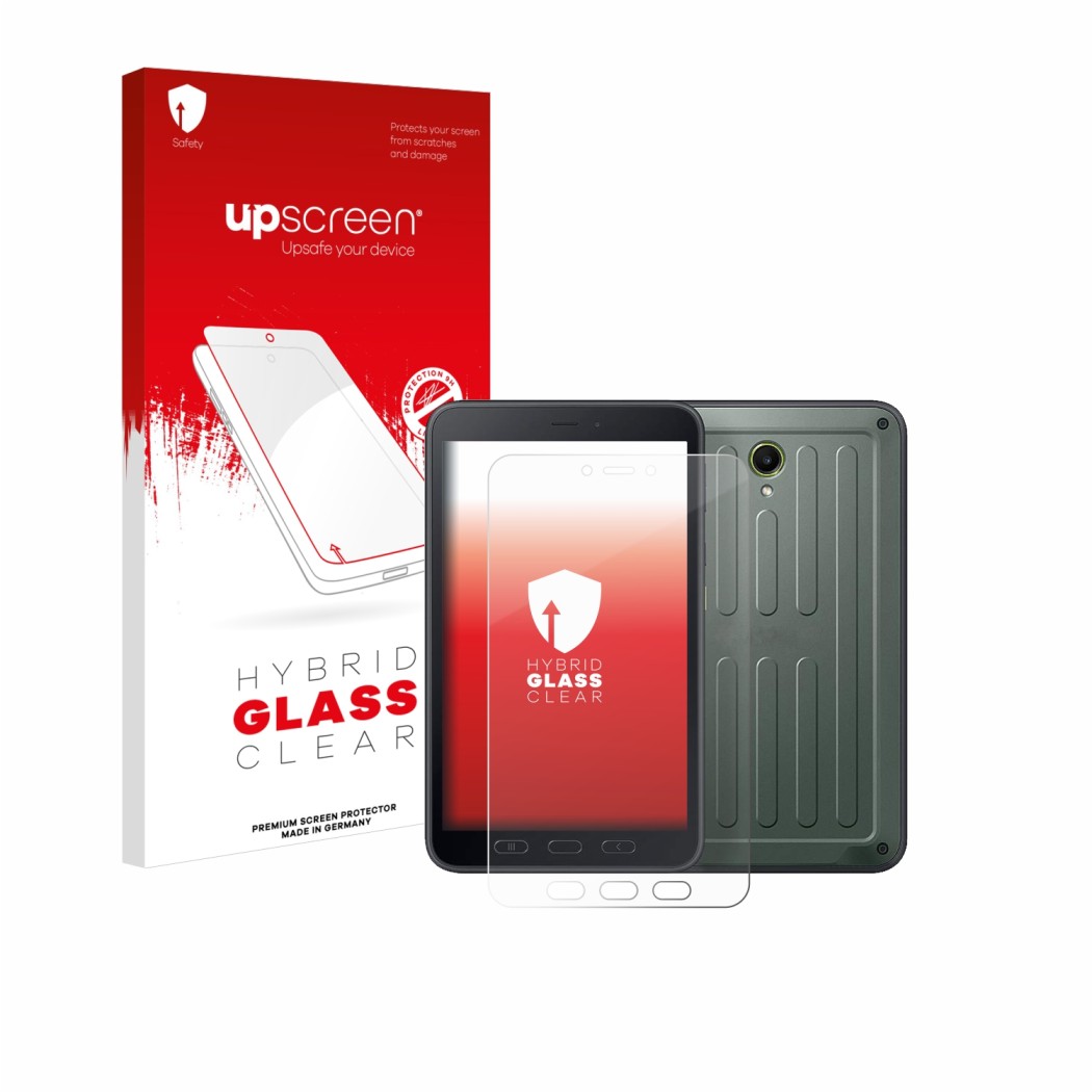 Parte frontale di una confezione del prodotto con il logo del marchio upscreen. Accanto è raffigurato il dispositivo Samsung G