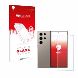 Parte frontal de un envase de producto con el logotipo de la marca upscreen. Al lado se muestra el dispositivo Samsung Galaxy 