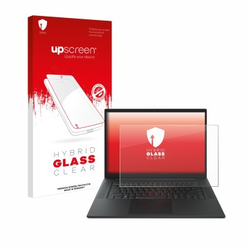Parte frontal de un envase de producto con el logotipo de la marca upscreen. Al lado se muestra el dispositivo Lenovo ThinkPad