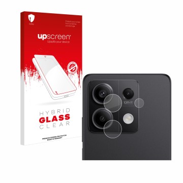 Face avant d’un emballage produit avec le logo de la marque upscreen. À côté, l’appareil Xiaomi Redmi Note 13 Pro 5G (Caméra U