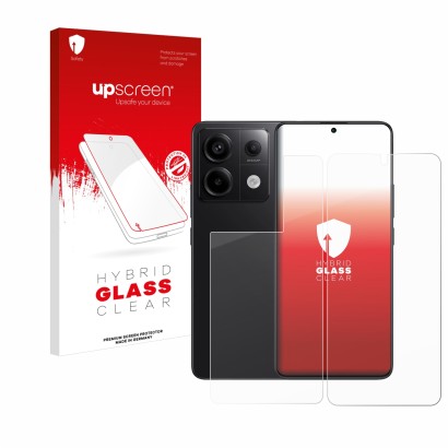 Parte frontal de un envase de producto con el logotipo de la marca upscreen. Al lado se muestra el dispositivo Xiaomi Redmi No