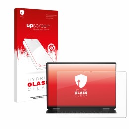 Parte frontal de un envase de producto con el logotipo de la marca upscreen. Al lado se muestra el dispositivo HP Spectre x360