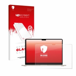 Parte frontal de un envase de producto con el logotipo de la marca upscreen. Al lado se muestra el dispositivo Apple MacBook A