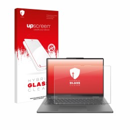 Parte frontal de un envase de producto con el logotipo de la marca upscreen. Al lado se muestra el dispositivo Lenovo Yoga 7 2
