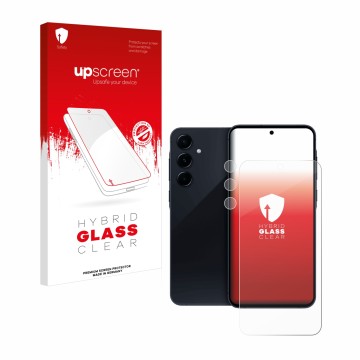 Parte frontal de un envase de producto con el logotipo de la marca upscreen. Al lado se muestra el dispositivo Samsung Galaxy 