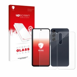 Parte frontal de un envase de producto con el logotipo de la marca upscreen. Al lado se muestra el dispositivo Samsung Galaxy 