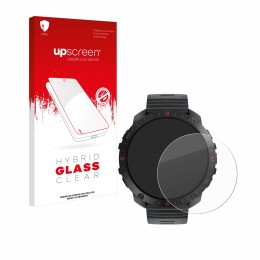 Parte frontal de un envase de producto con el logotipo de la marca upscreen. Al lado se muestra el dispositivo Polar Grit X2 P