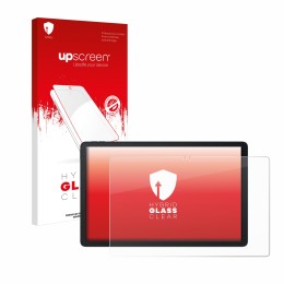 Parte frontal de un envase de producto con el logotipo de la marca upscreen. Al lado se muestra el dispositivo Blackview Mega 