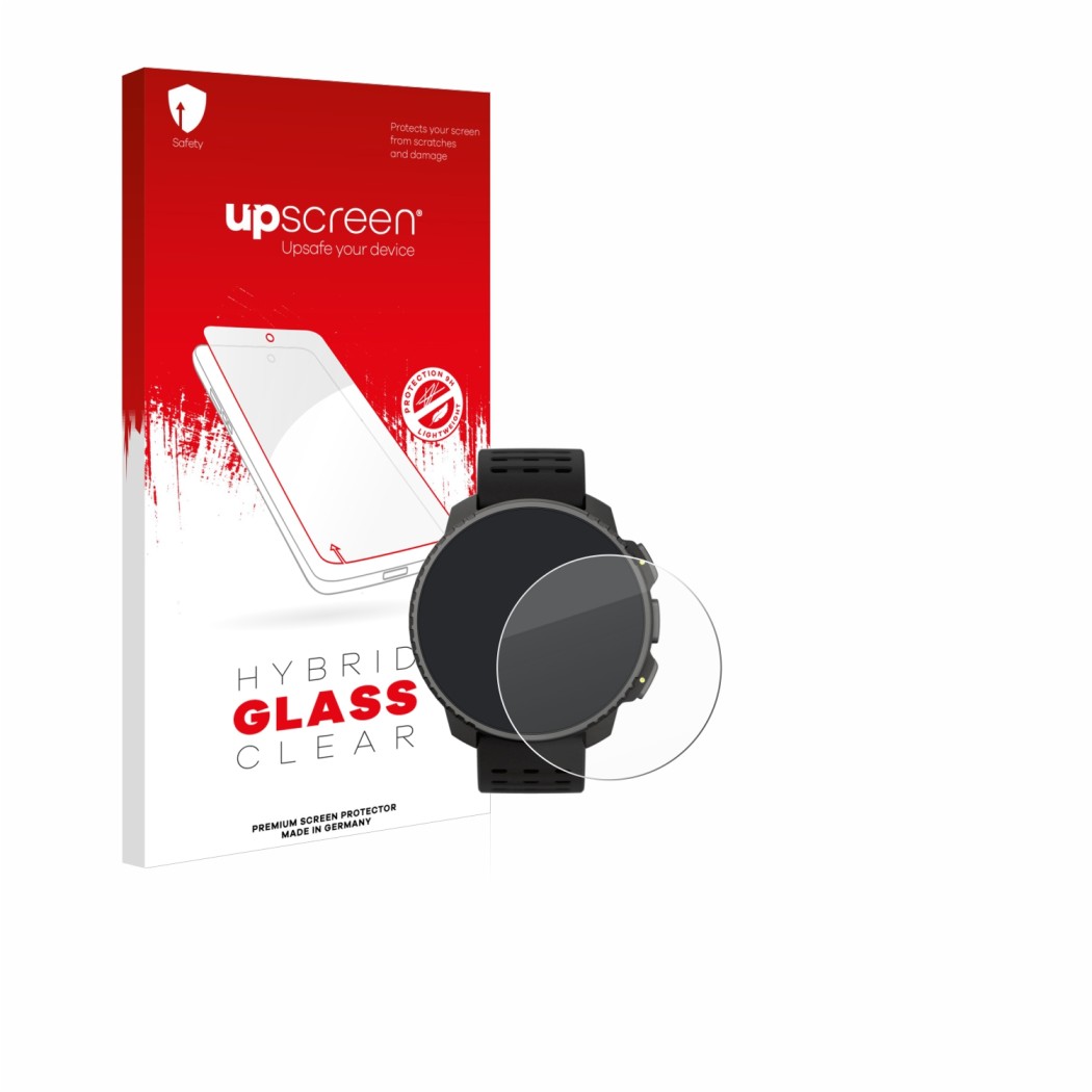 Parte frontal de un envase de producto con el logotipo de la marca upscreen. Al lado se muestra el dispositivo Suunto Vertical