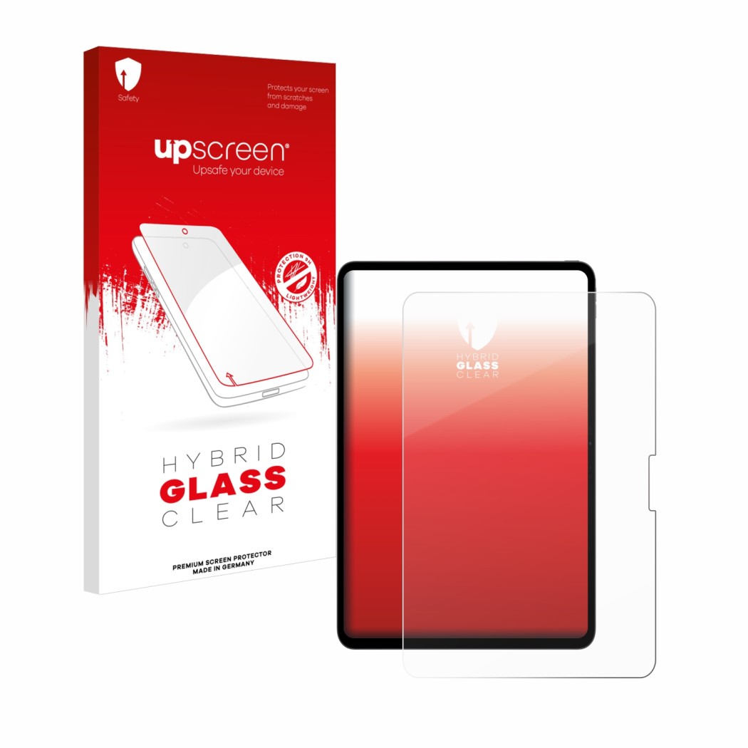 Face avant d’un emballage produit avec le logo de la marque upscreen. À côté, l’appareil Apple iPad Pro 13