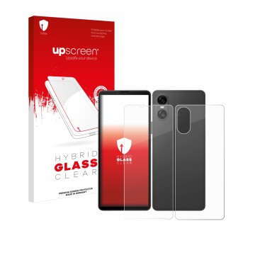 Front side of a product packaging with the brand logo upscreen. Next to it is the device Sony Xperia 10 VI (Front+Back) shown 