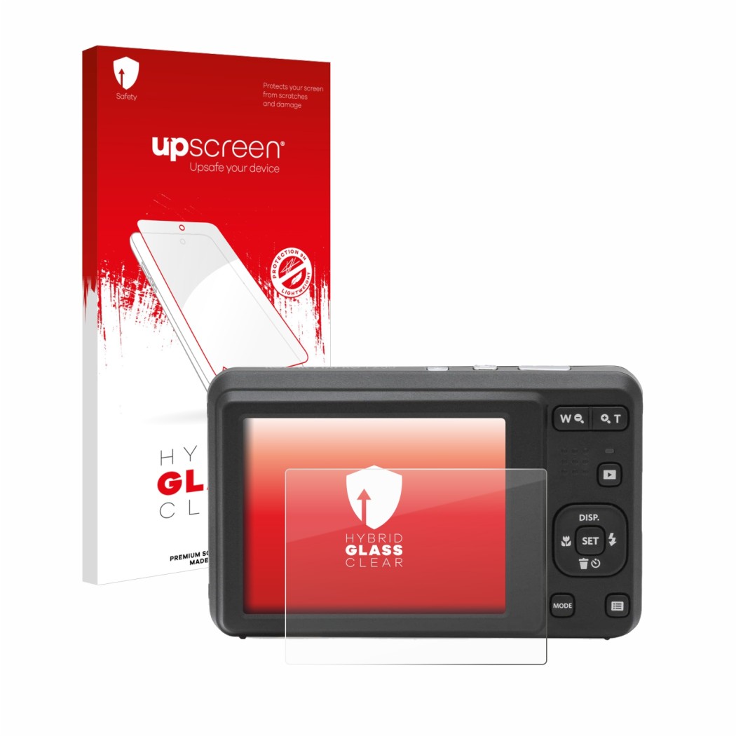 Face avant d’un emballage produit avec le logo de la marque upscreen. À côté, l’appareil Kodak Pixpro FZ55 est représenté avec