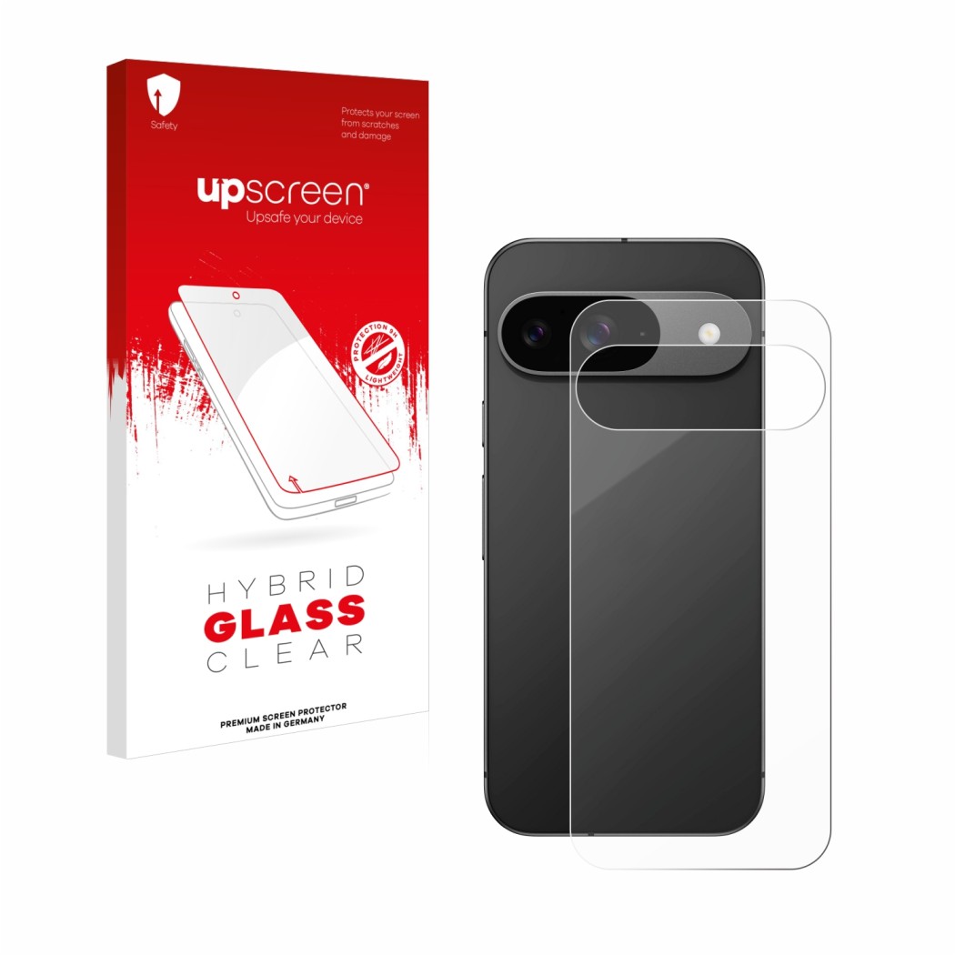 Front side of a product packaging with the brand logo upscreen. Next to it is the device Google Pixel 9 (Back) shown with the 