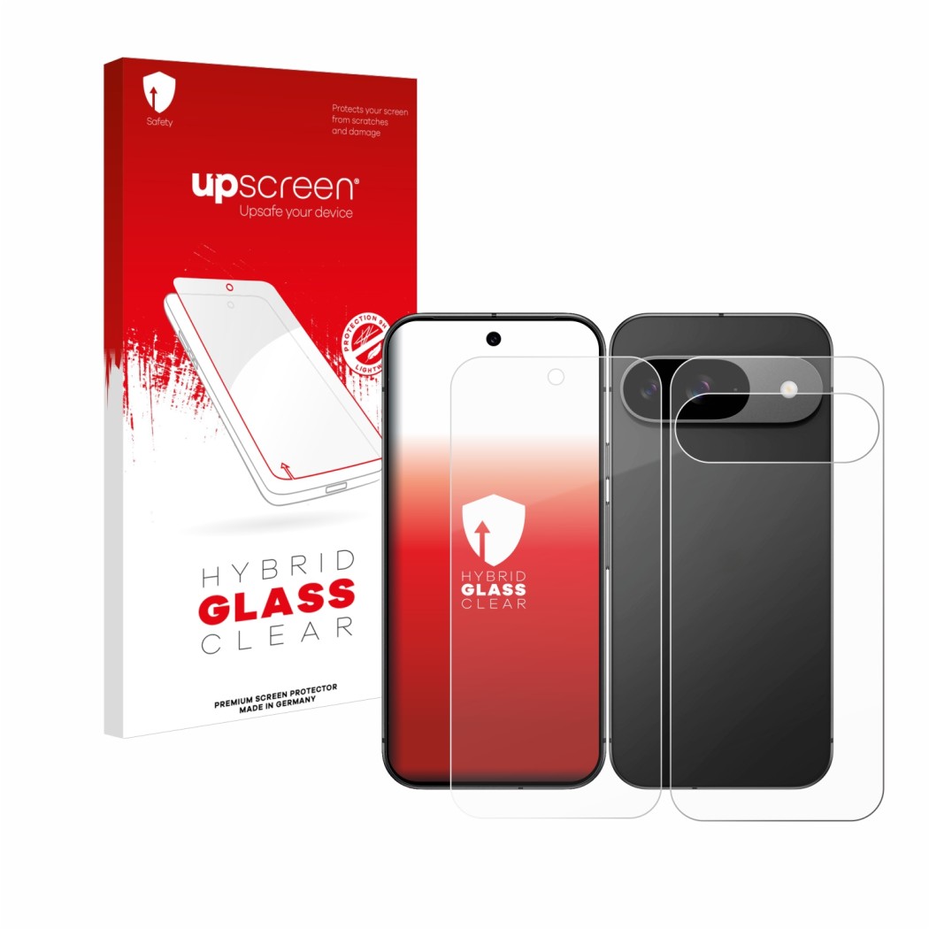 Front side of a product packaging with the brand logo upscreen. Next to it is the device Google Pixel 9 (Front+Back) shown wit