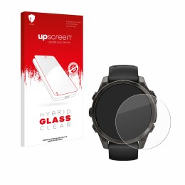 Face avant d’un emballage produit avec le logo de la marque upscreen. À côté, l’appareil Garmin Fenix 8 AMOLED (47 mm) est rep
