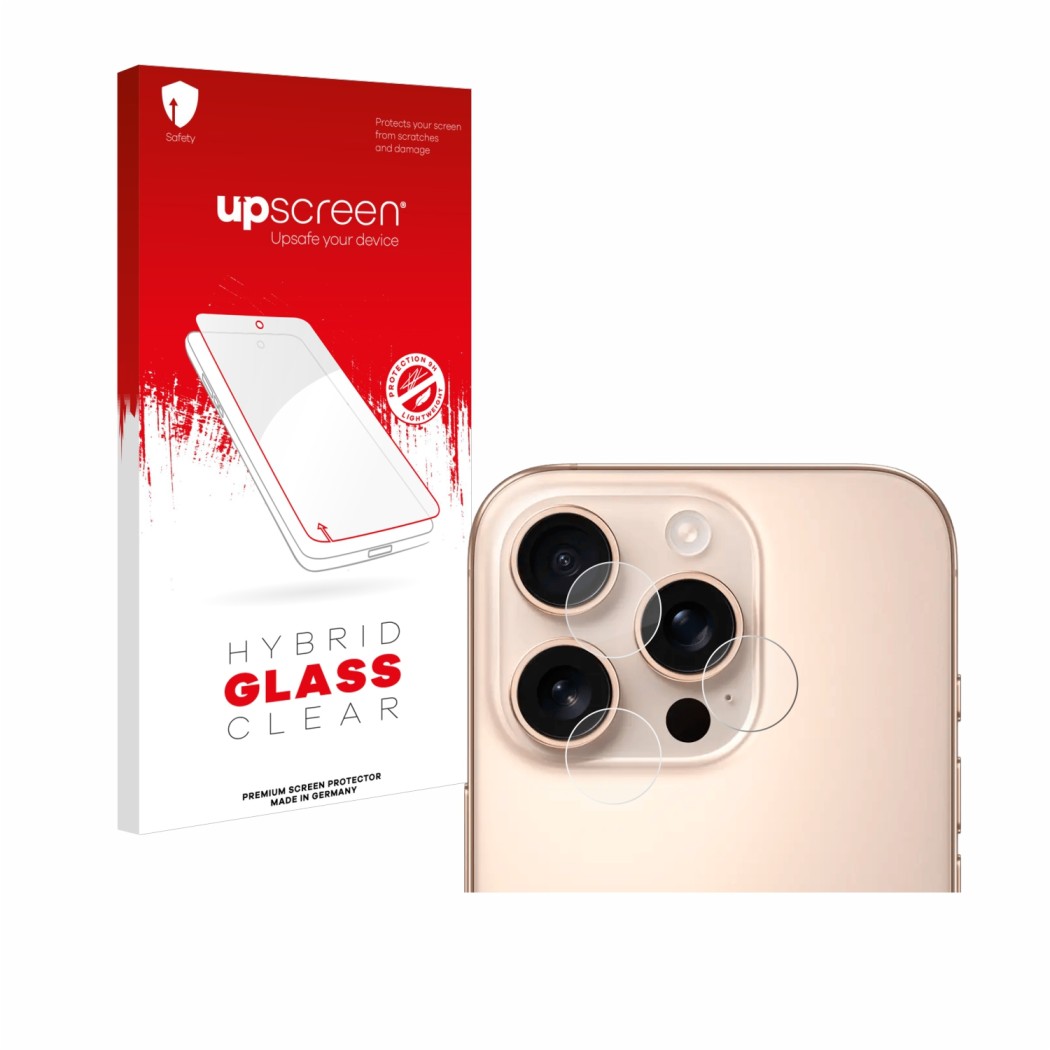 Parte frontal de un envase de producto con el logotipo de la marca upscreen. Al lado se muestra el dispositivo Apple iPhone 16