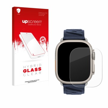 Vorderseite einer Produktverpackung mit dem Markenlogo upscreen. Daneben ist das Gerät Apple Watch Hermès Ultra 2 mit dem zuge