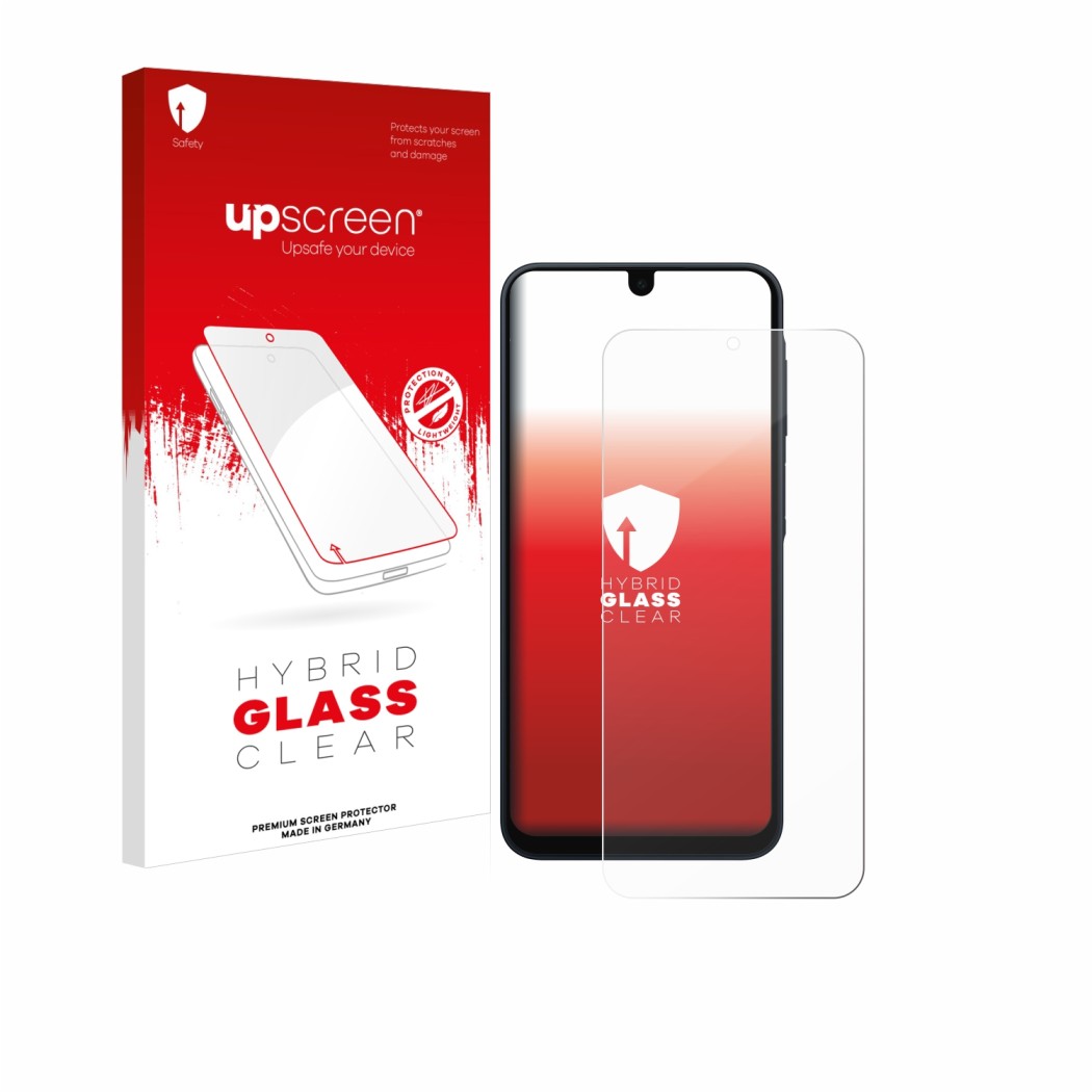 Parte frontal de un envase de producto con el logotipo de la marca upscreen. Al lado se muestra el dispositivo Samsung Galaxy 