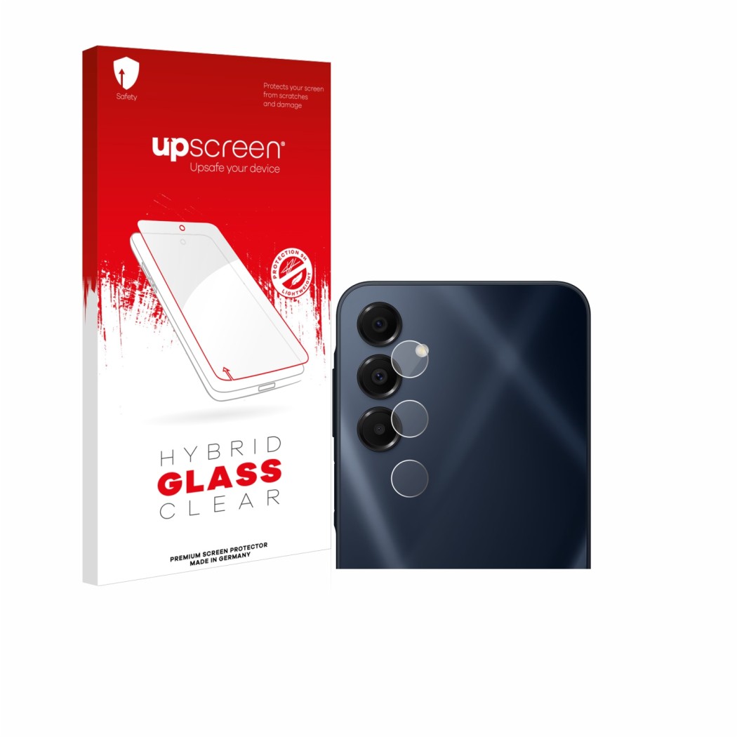 Parte frontal de un envase de producto con el logotipo de la marca upscreen. Al lado se muestra el dispositivo Samsung Galaxy 