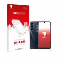 Parte frontal de un envase de producto con el logotipo de la marca upscreen. Al lado se muestra el dispositivo Samsung Galaxy 