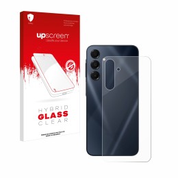 Parte frontal de un envase de producto con el logotipo de la marca upscreen. Al lado se muestra el dispositivo Samsung Galaxy 