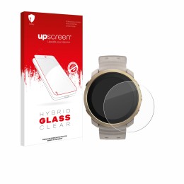 Parte frontal de un envase de producto con el logotipo de la marca upscreen. Al lado se muestra el dispositivo Polar Vantage M