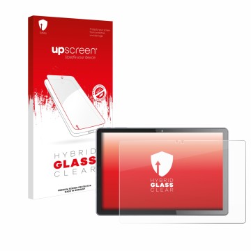 Parte frontal de un envase de producto con el logotipo de la marca upscreen. Al lado se muestra el dispositivo VALE V10E-LTE c