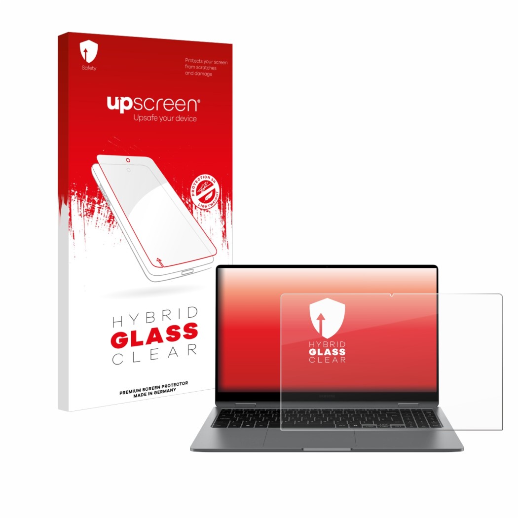 Face avant d’un emballage produit avec le logo de la marque upscreen. À côté, l’appareil Samsung Galaxy Book5 360 15.6