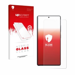 Parte frontal de un envase de producto con el logotipo de la marca upscreen. Al lado se muestra el dispositivo Samsung Galaxy 