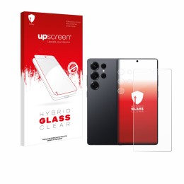 Parte frontal de un envase de producto con el logotipo de la marca upscreen. Al lado se muestra el dispositivo Samsung Galaxy 