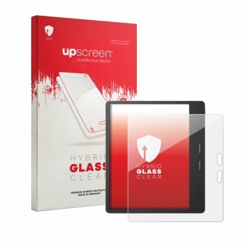 Parte frontal de un envase de producto con el logotipo de la marca upscreen. Al lado se muestra el dispositivo Boox Leaf 5 con