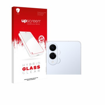 Face avant d’un emballage produit avec le logo de la marque upscreen. À côté, l’appareil Samsung Galaxy S25 Edge (Caméra UNIQU